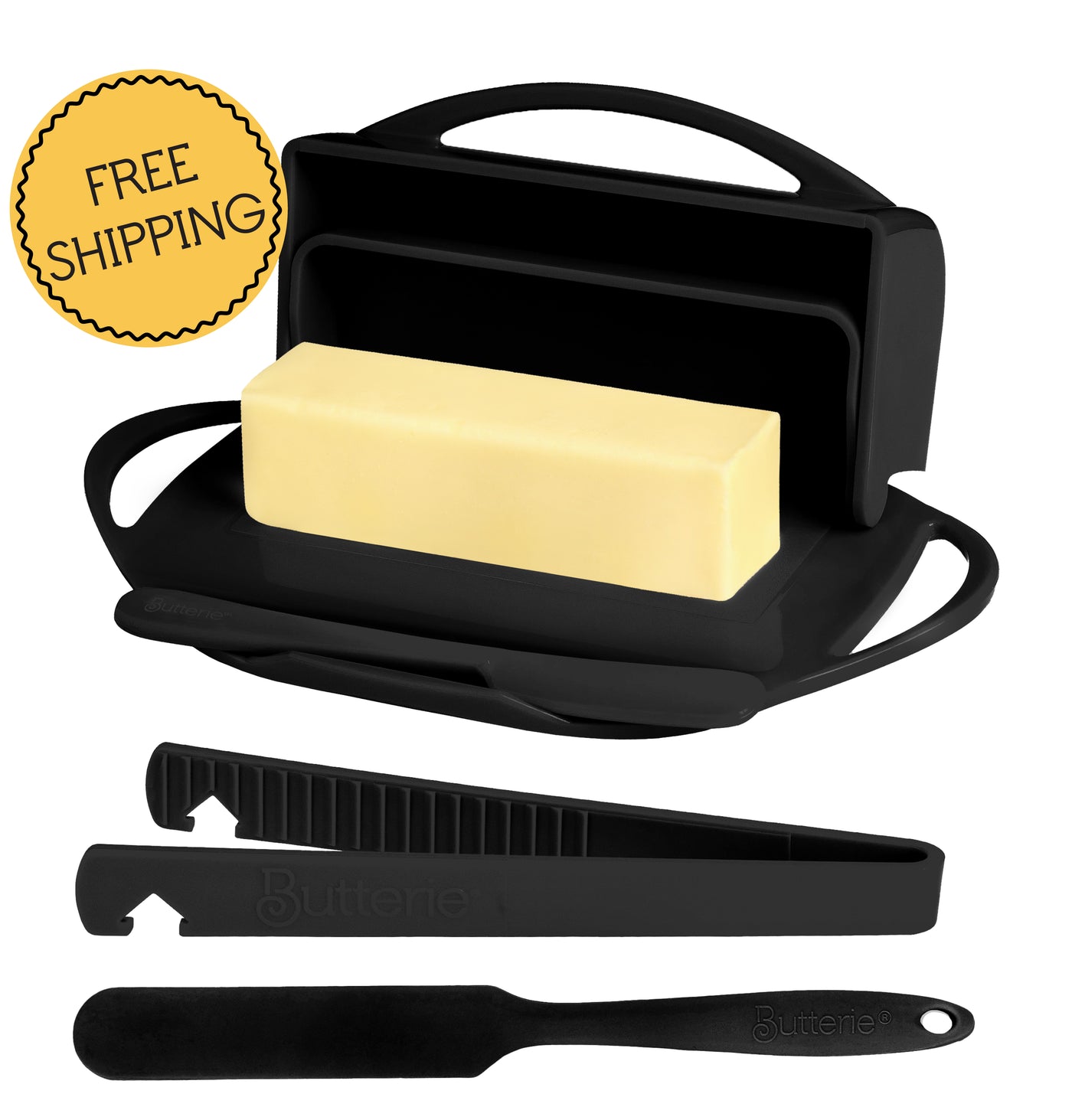4-Piece Breakfast Set with Flip-Top Butter Dish, Spreader, Toaster Tongs, and Spatula