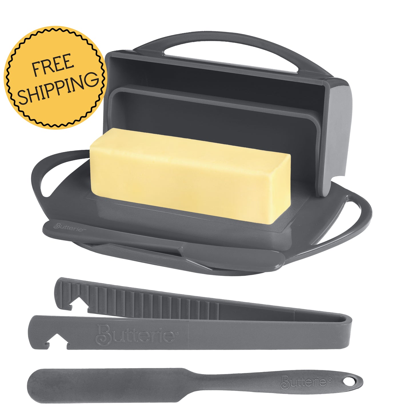 4-Piece Breakfast Set with Flip-Top Butter Dish, Spreader, Toaster Tongs, and Spatula