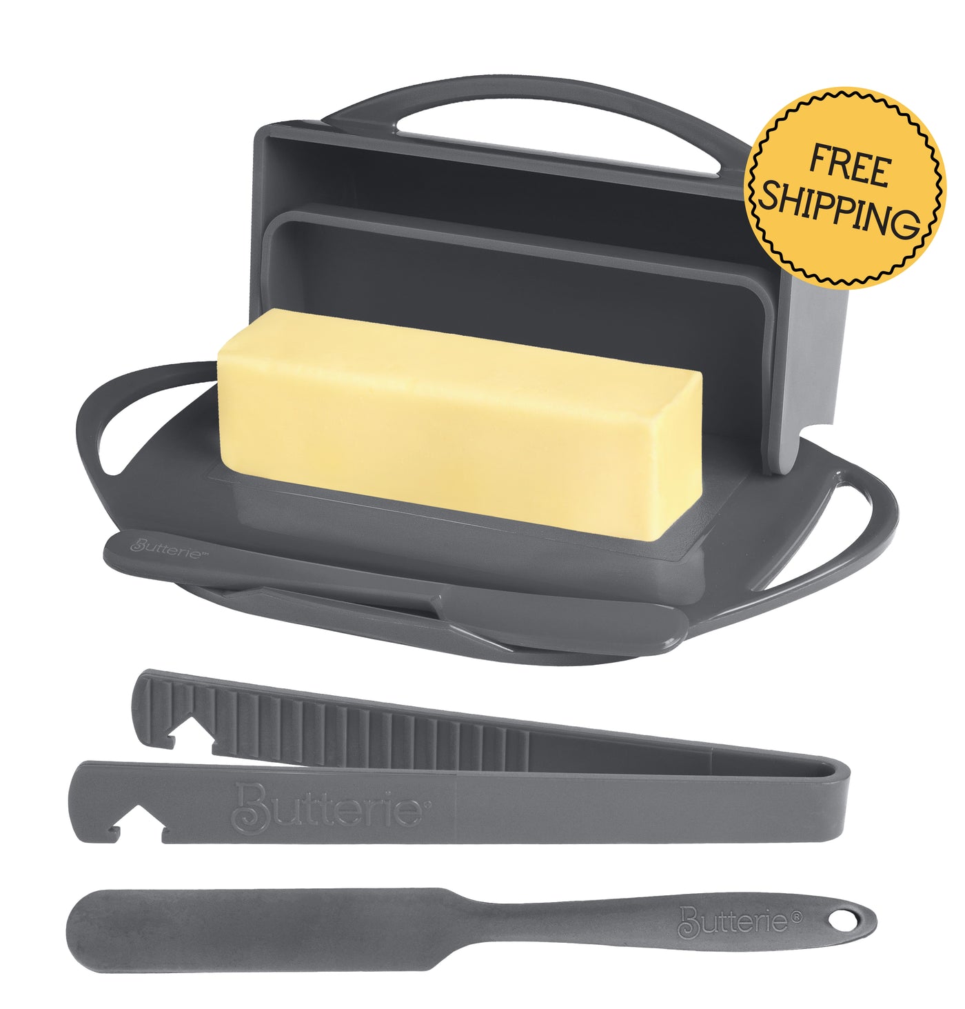 4-Piece Breakfast Set with Flip-Top Butter Dish, Spreader, Toaster Tongs, and Spatula