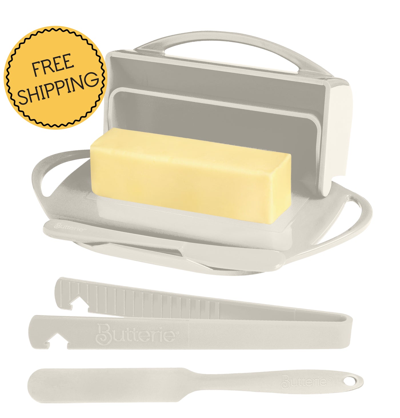4-Piece Breakfast Set with Flip-Top Butter Dish, Spreader, Toaster Tongs, and Spatula