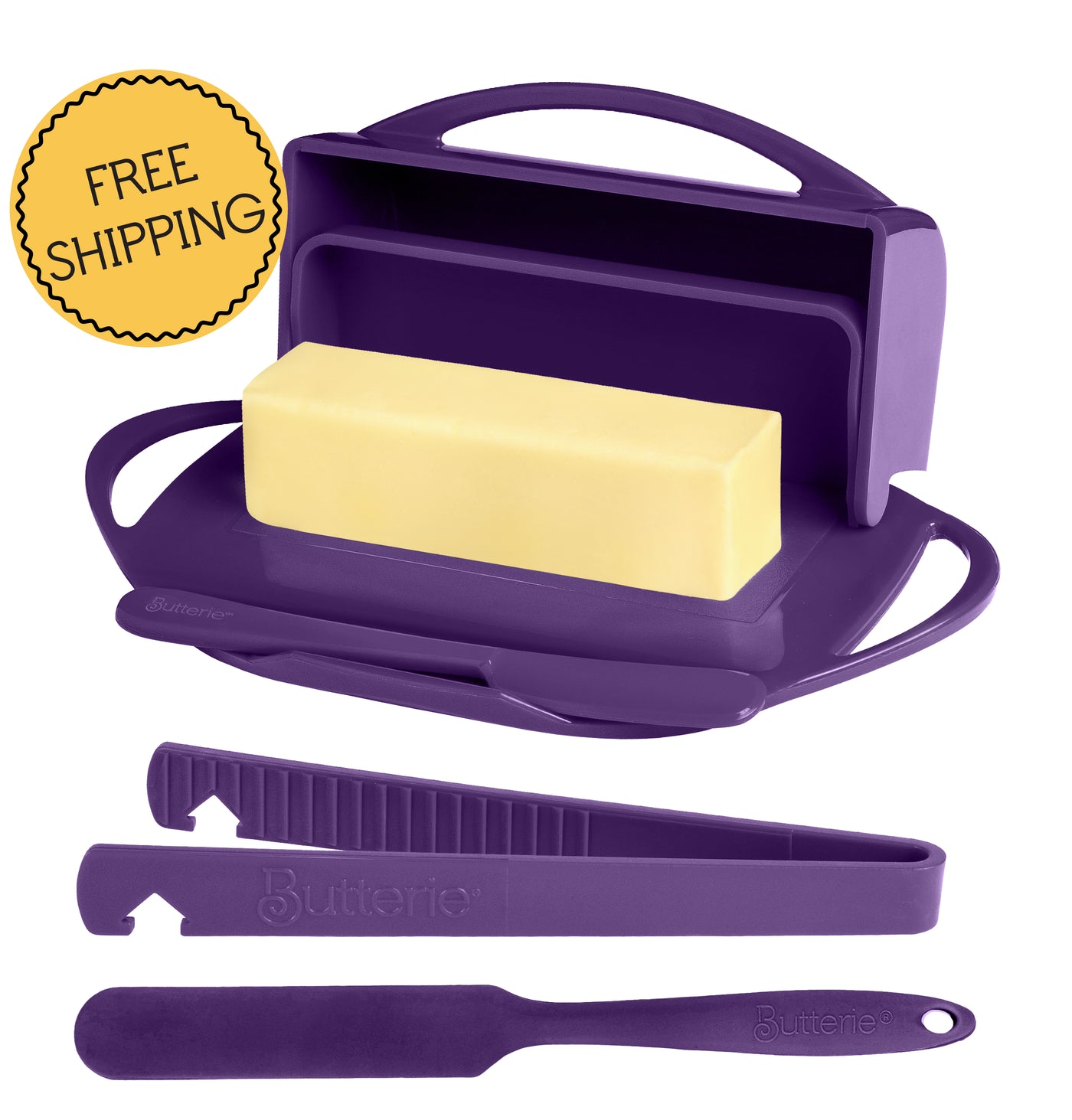 4-Piece Breakfast Set with Flip-Top Butter Dish, Spreader, Toaster Tongs, and Spatula
