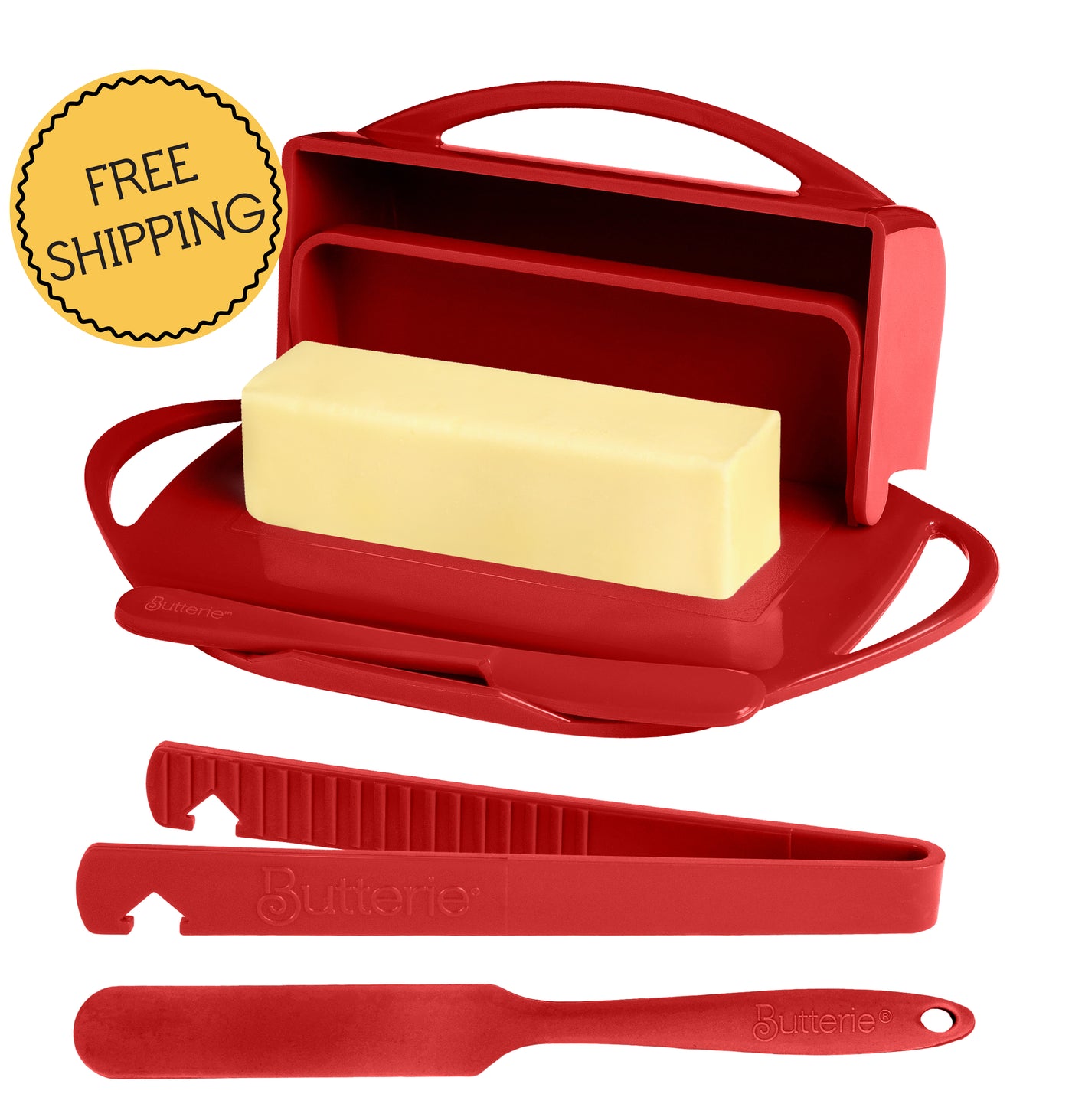 4-Piece Breakfast Set with Flip-Top Butter Dish, Spreader, Toaster Tongs, and Spatula